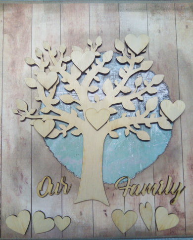 family tree 200 x 200mm hearts and words in veneer,